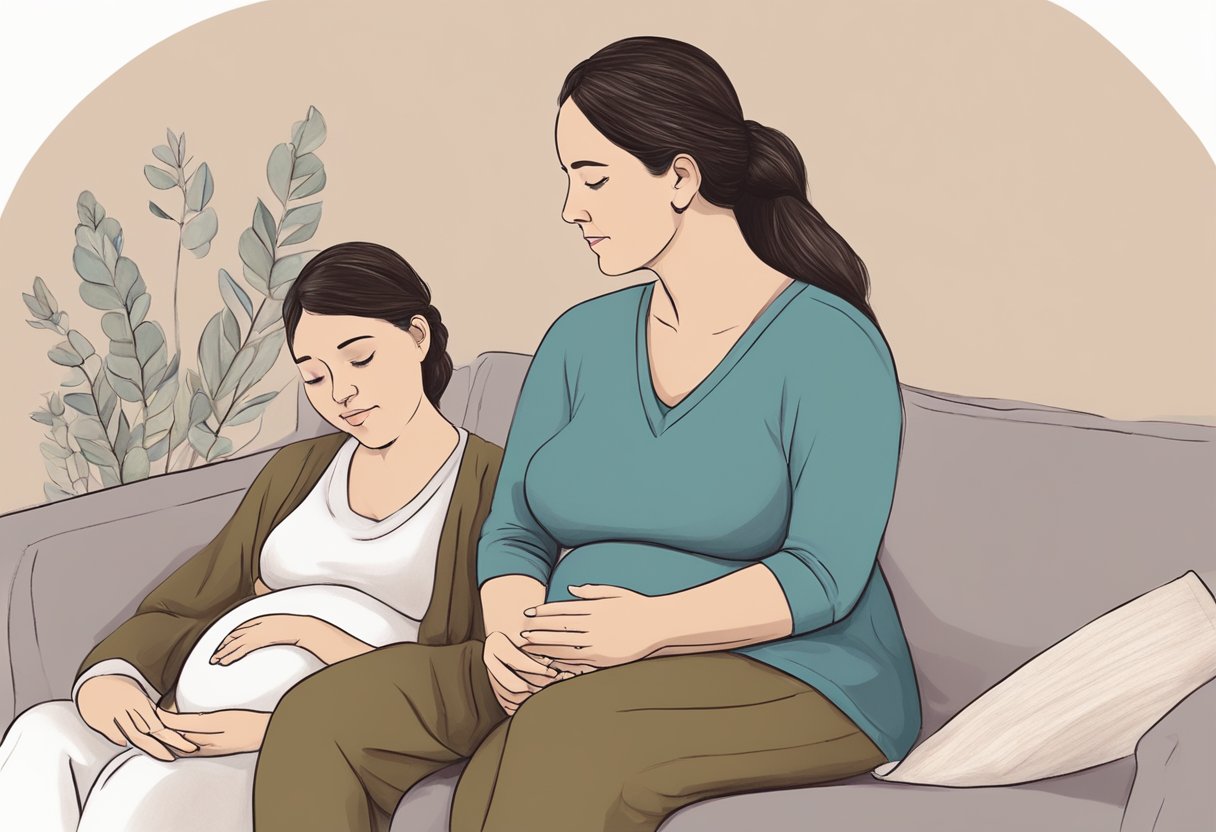 A doula sitting with a pregnant woman, offering support and guidance during labor. The doula holds a comforting hand on the woman's shoulder as they talk