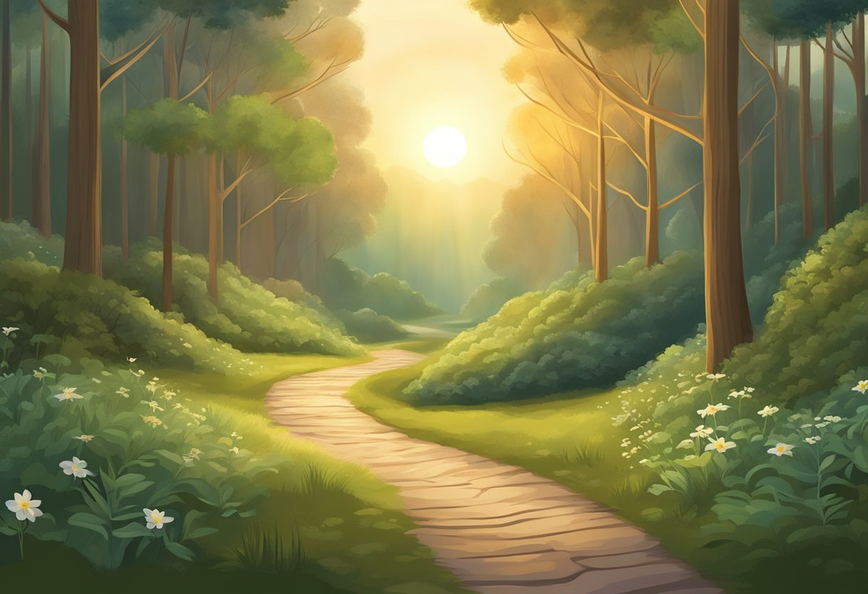 A serene forest path with a winding trail leading towards a radiant sunrise, symbolizing the journey towards becoming a certified doula