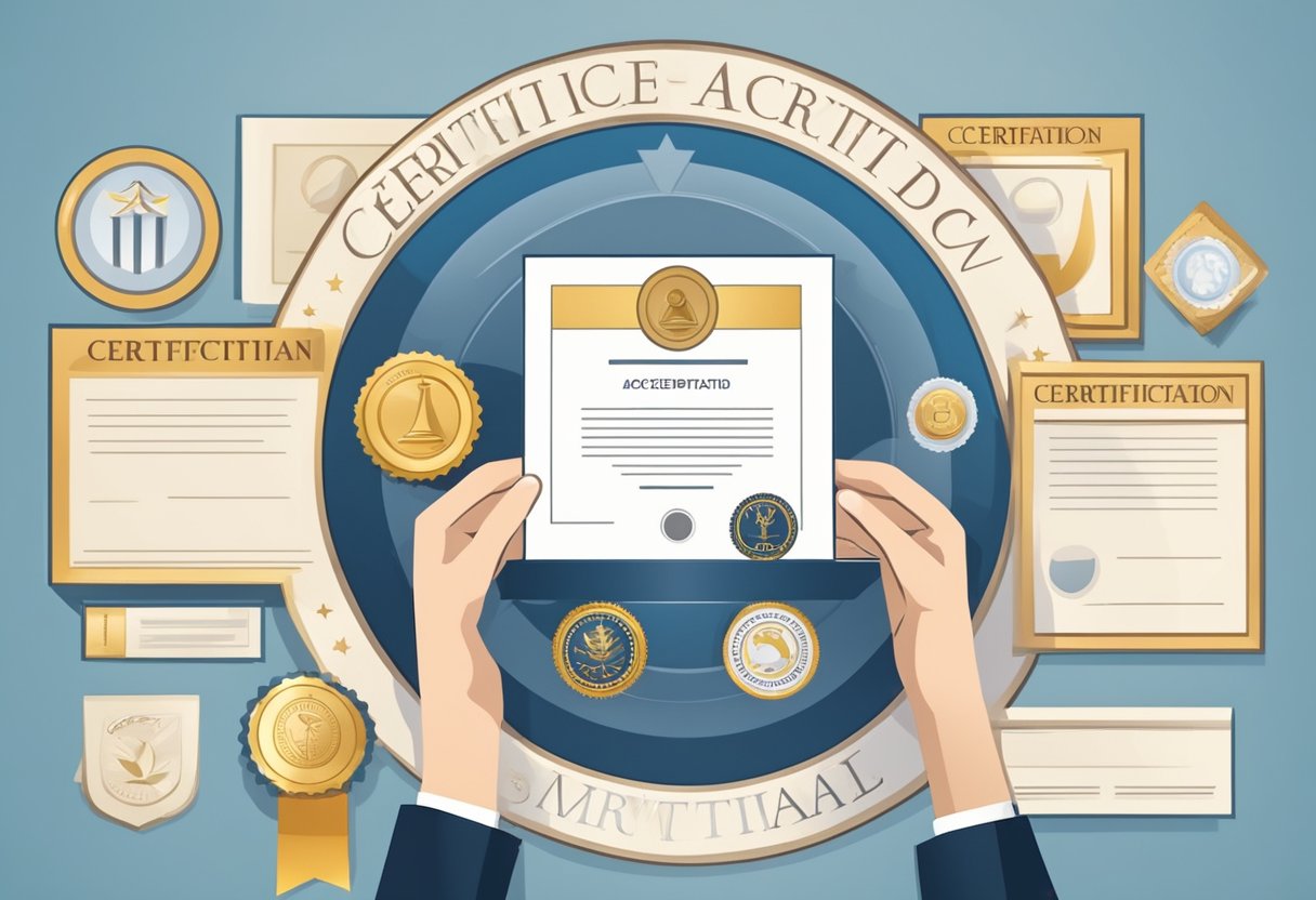 A person holding a certificate with a seal, surrounded by symbols of accreditation and certification