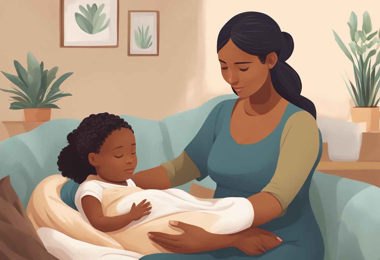 A doula comforting a laboring mother, providing support and guidance during childbirth. Family members are present, creating a warm and nurturing atmosphere