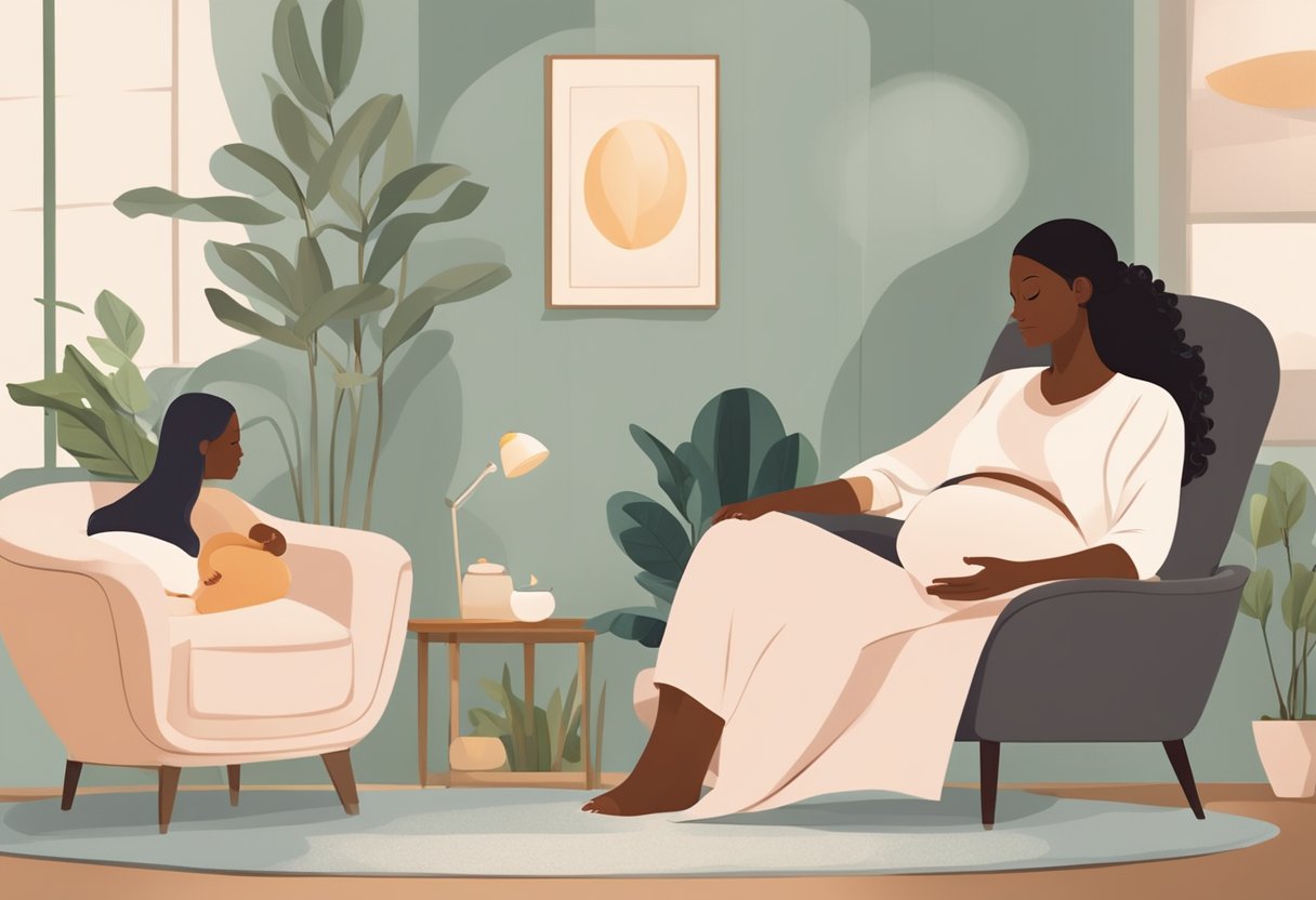 A serene birthing room with a comfortable chair, soft lighting, and a calming atmosphere. A doula sits beside the expectant mother, offering support and guidance