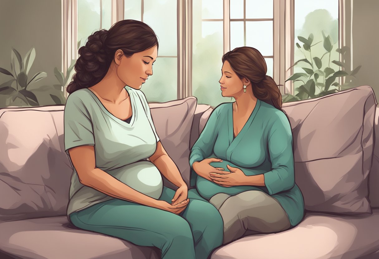 A doula sitting with a pregnant woman, offering support and guidance during labor