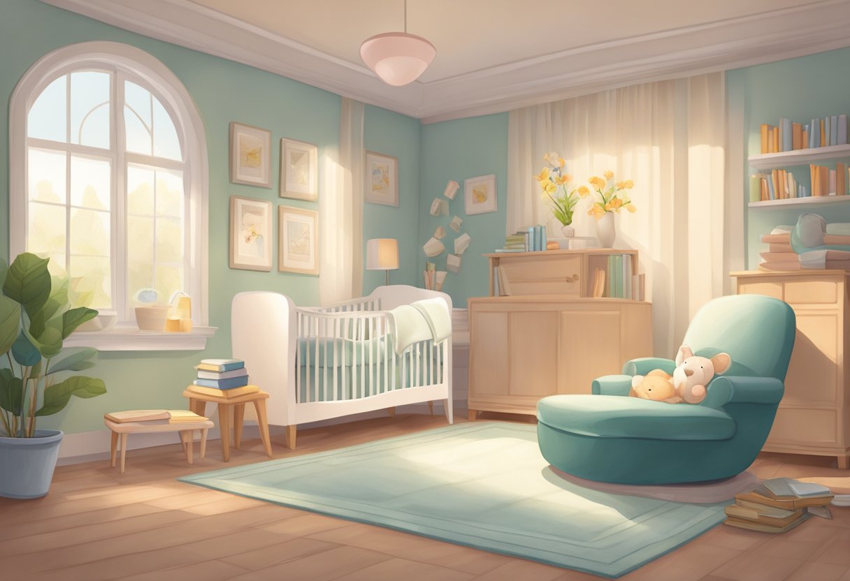 A peaceful birthing room with a comforting chair, soft lighting, and a selection of books on pregnancy and childbirth