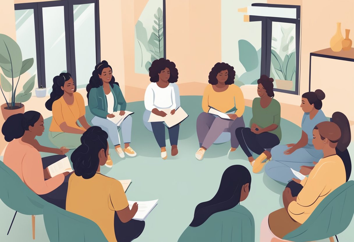 A group of diverse individuals sit in a circle, discussing and comparing different doulas for their upcoming birth experiences. Each person holds a list of criteria and takes notes as they listen to each other