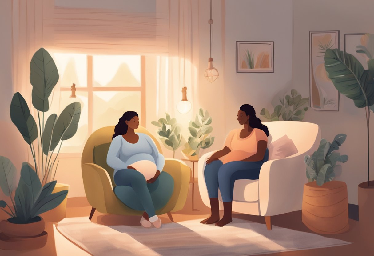 A pregnant person sitting with a doula, discussing birth plans and options in a cozy, comfortable setting with soft lighting and calming decor