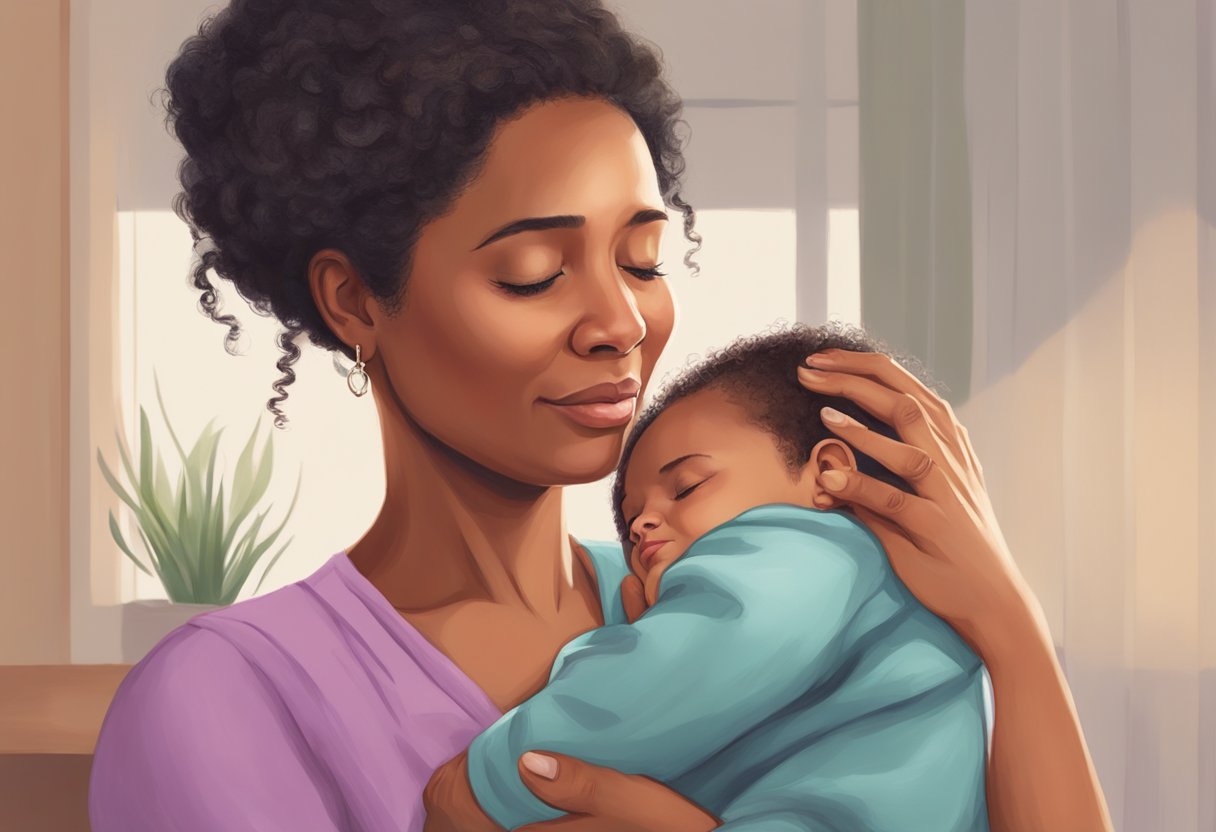 A postpartum doula comforting a new mother, providing guidance and support during the early days of motherhood