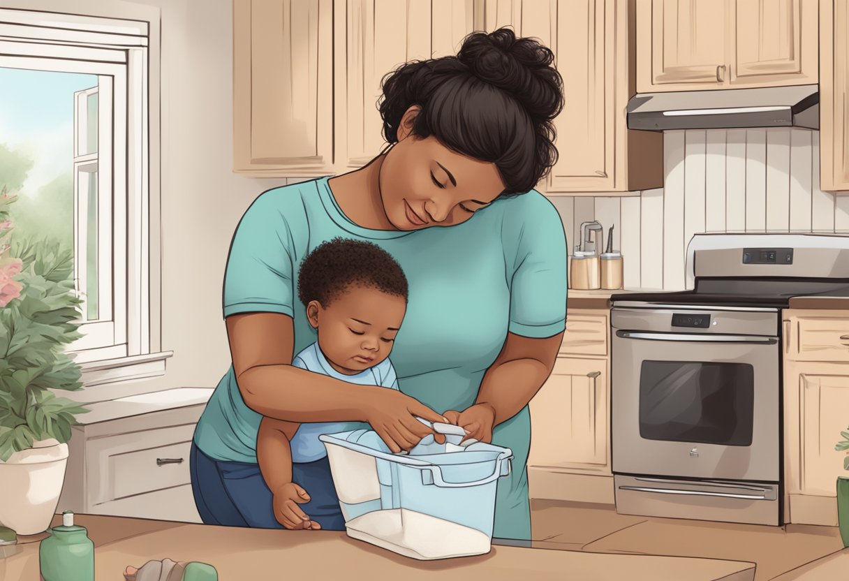 A postpartum doula assisting a new mother with household chores while providing emotional support and guidance