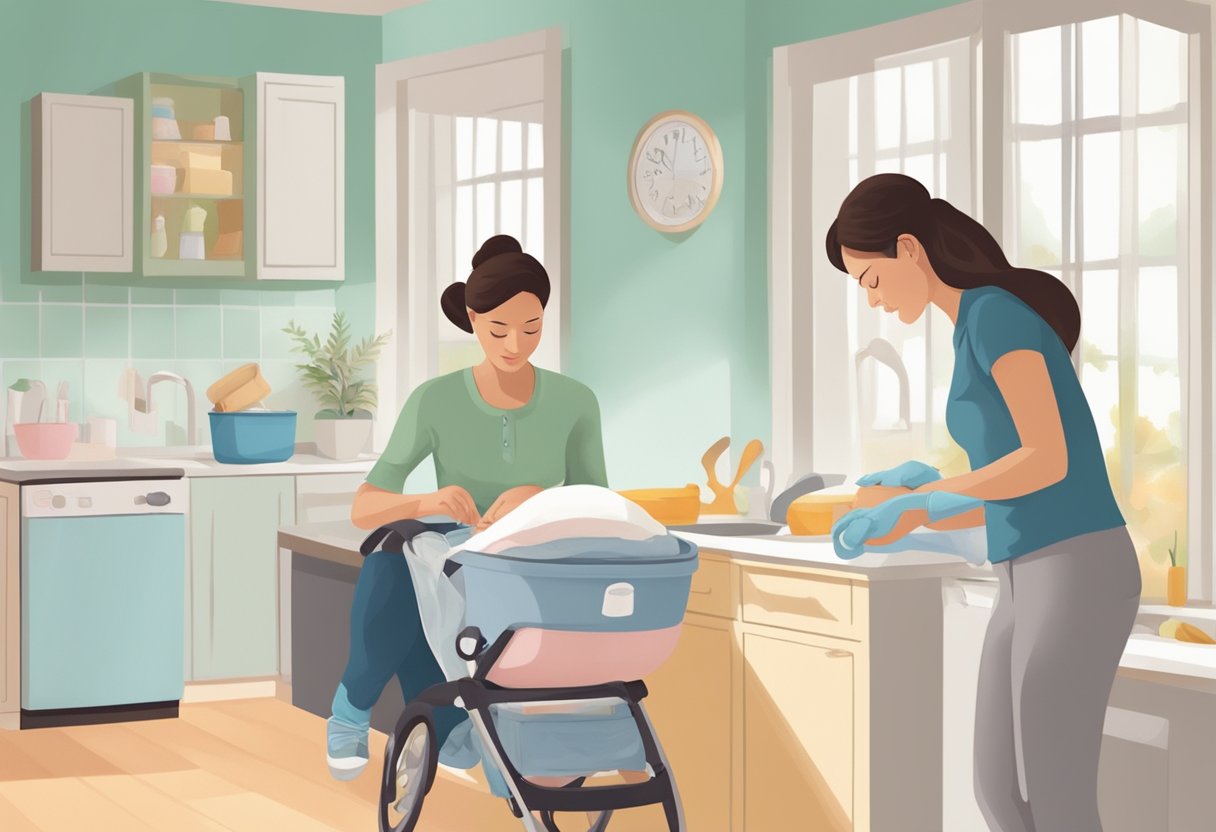 A postpartum doula assisting a new mother with household chores and caring for the baby