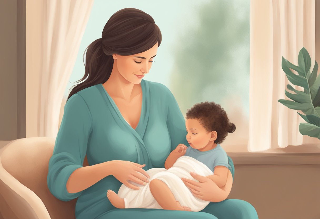 A postpartum doula gently supports a new mother, offering guidance and assistance as she cares for her newborn baby in a cozy, nurturing environment