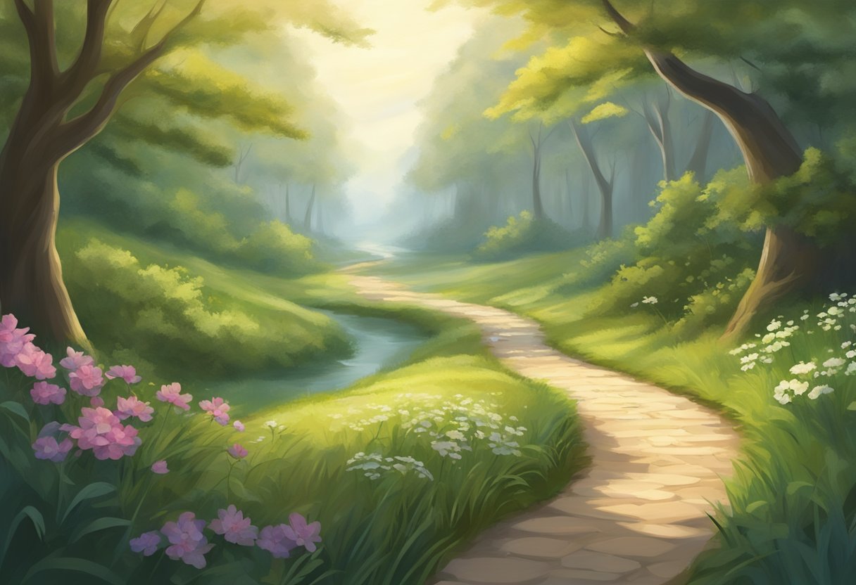 A serene path winding through nature, with a peaceful atmosphere and a sense of anticipation