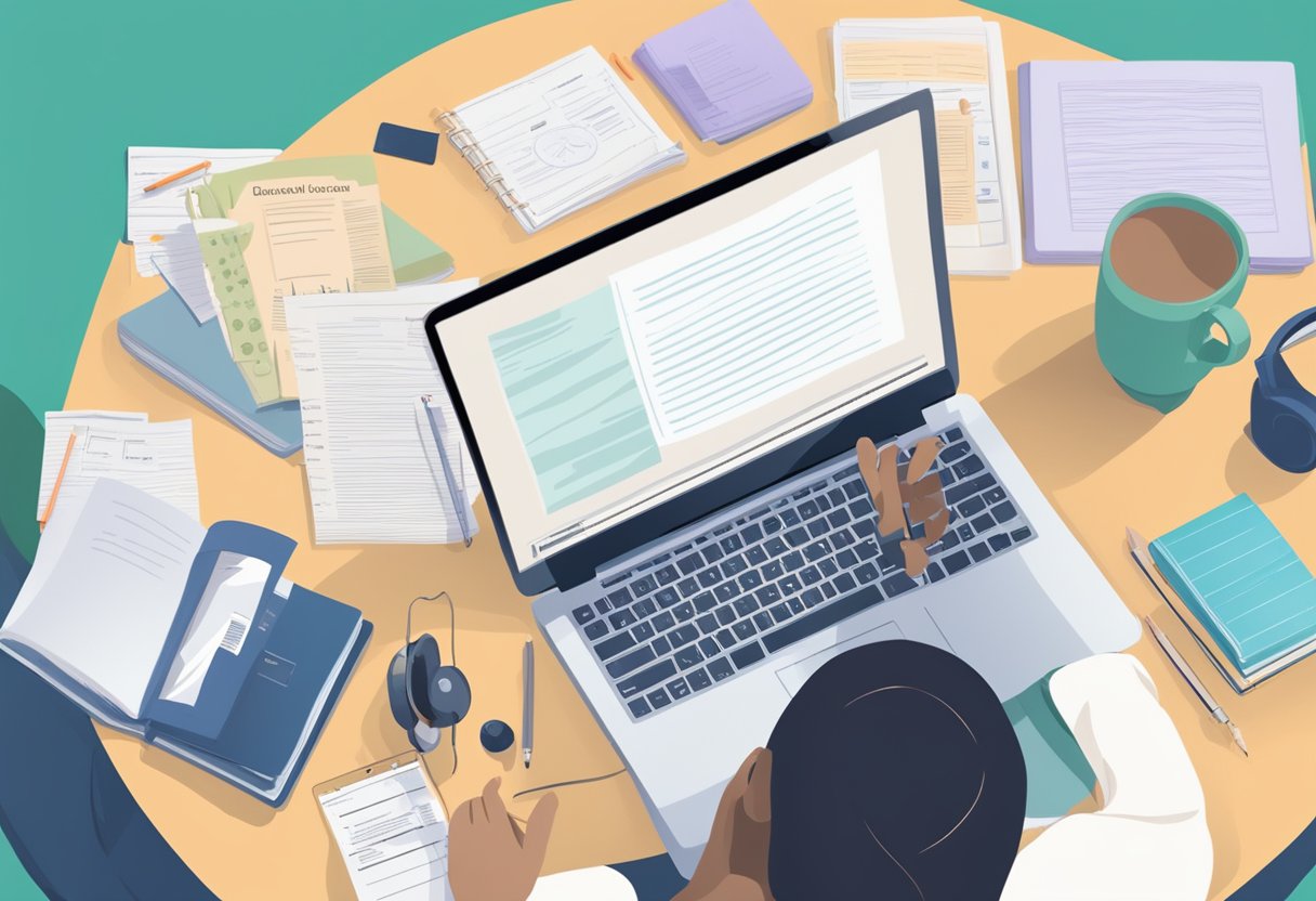 A person studying a doula certification guidebook surrounded by notes, a laptop, and educational materials