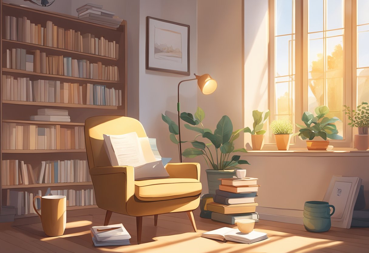 A serene, sunlit room with a cozy armchair and a desk covered in doula certification study materials. A warm cup of tea sits nearby as the sunlight streams through the window