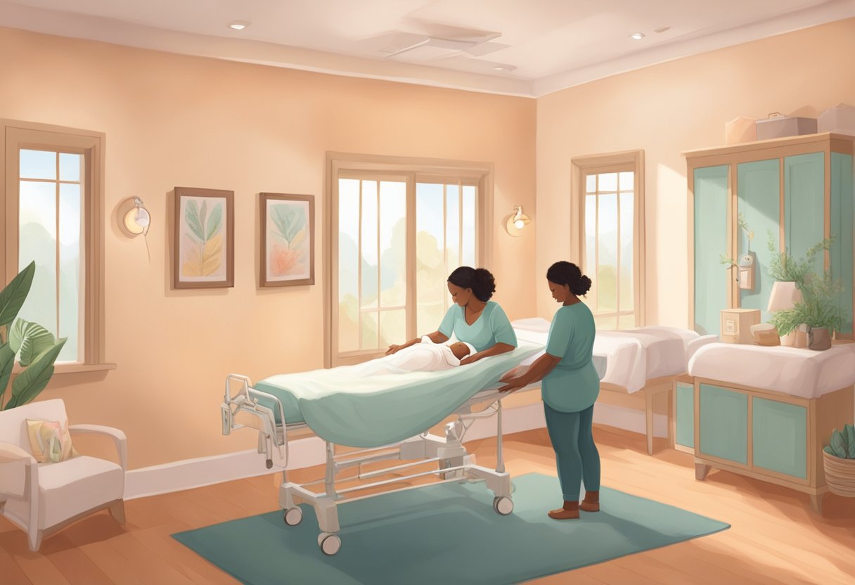 A serene birthing room with a comforting atmosphere, soft lighting, and a supportive birth doula guiding a laboring person through contractions