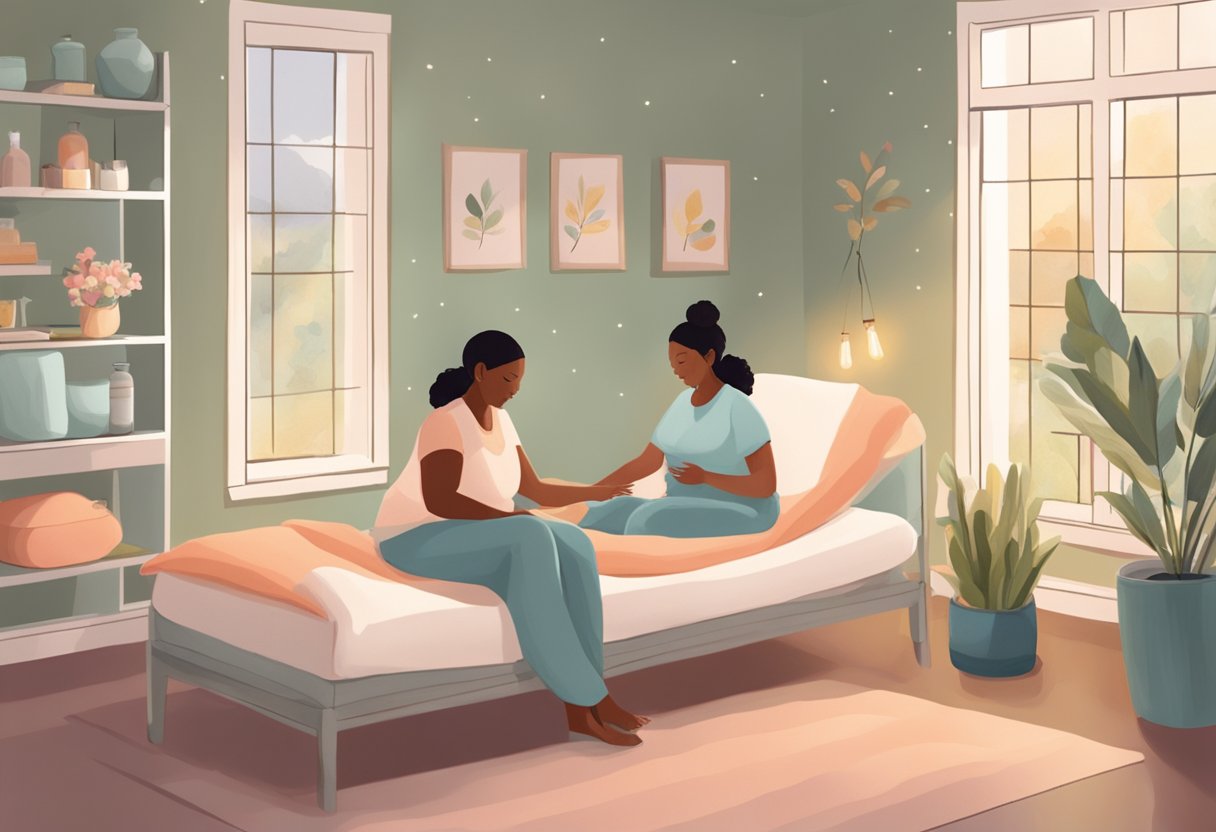 A serene birthing room with a doula providing support to a laboring mother, surrounded by calming essential oils, soft lighting, and comforting pillows