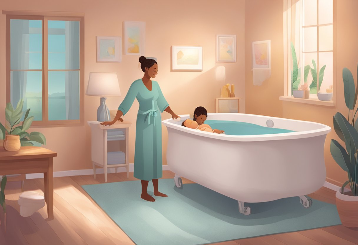 A serene birthing room with soft lighting, a comfortable birthing tub, and a supportive doula offering guidance and comfort to the laboring mother