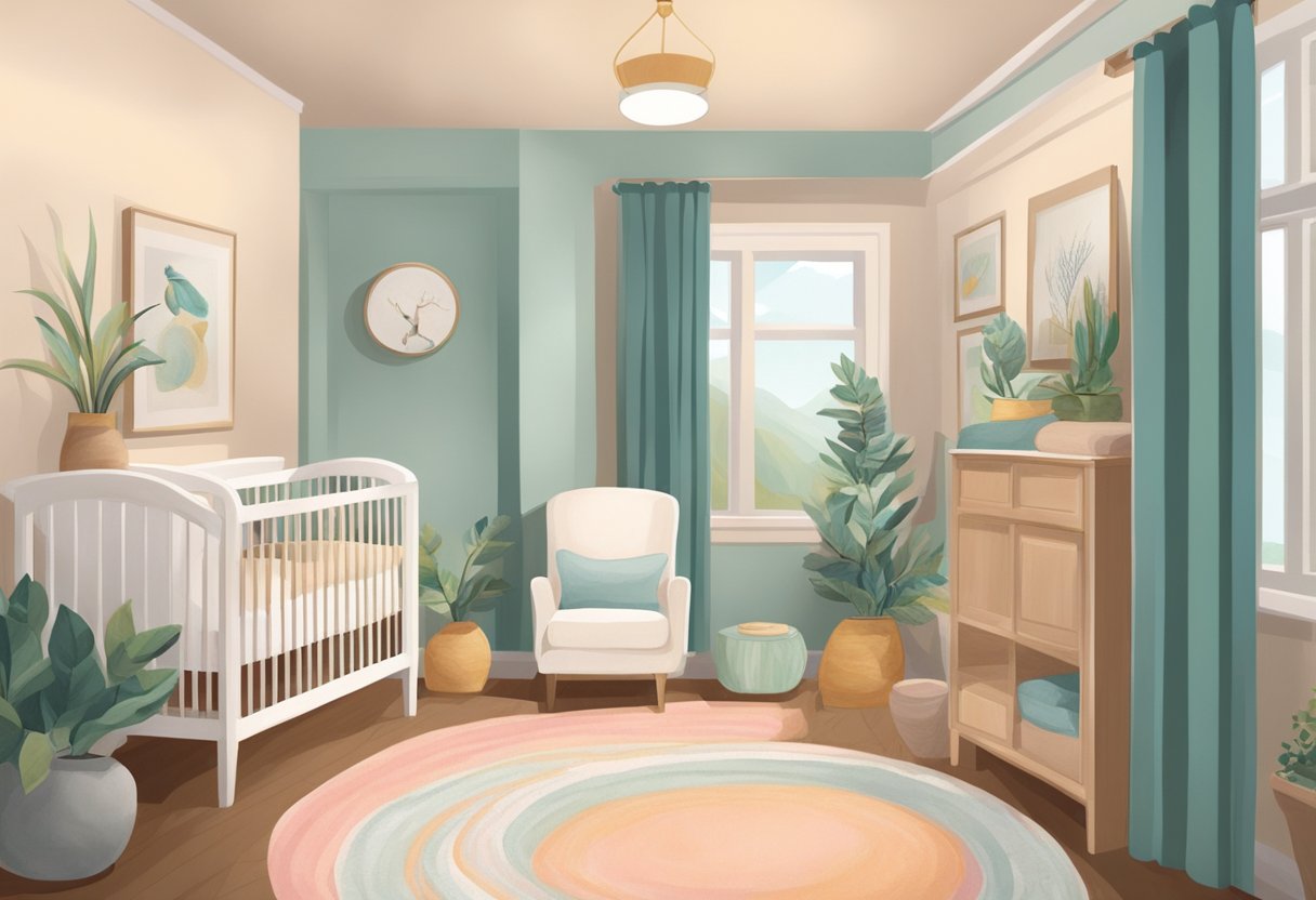 A serene birthing room with a mother supported by a doula, surrounded by calming colors and natural elements, creating a peaceful and comforting atmosphere