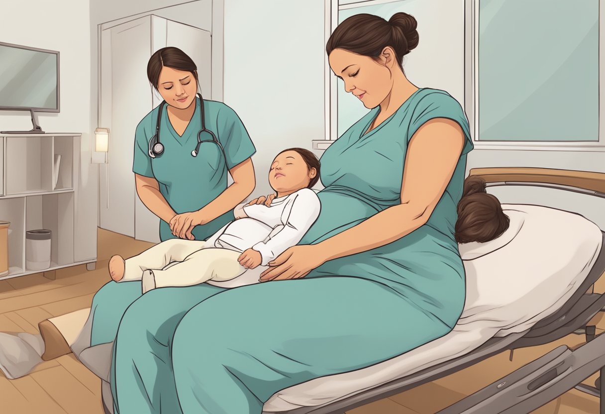 A doula supporting a laboring person through contractions, providing physical and emotional comfort during childbirth