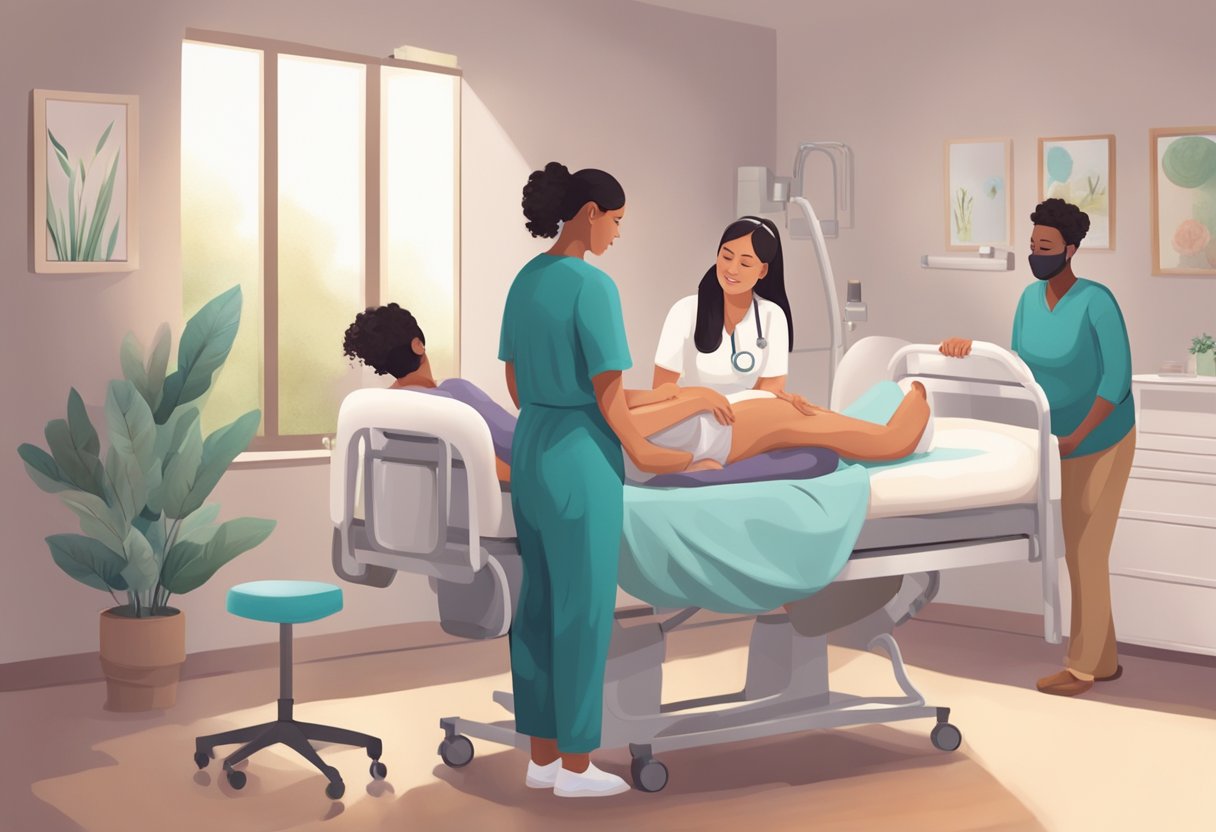 A serene birthing room with a doula providing emotional and physical support to a laboring person, surrounded by a calming atmosphere and supportive medical staff