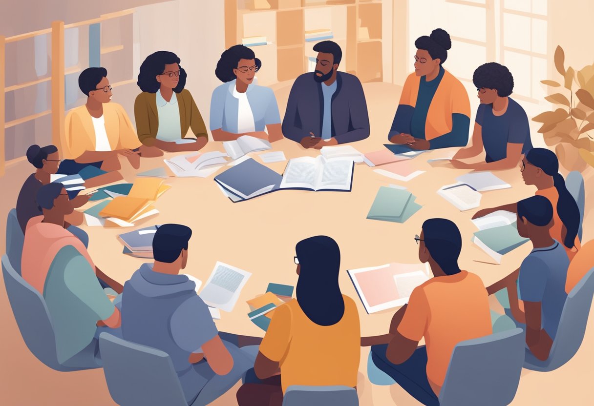 A group of diverse individuals sit in a circle, engaged in deep conversation and learning, surrounded by educational materials and resources