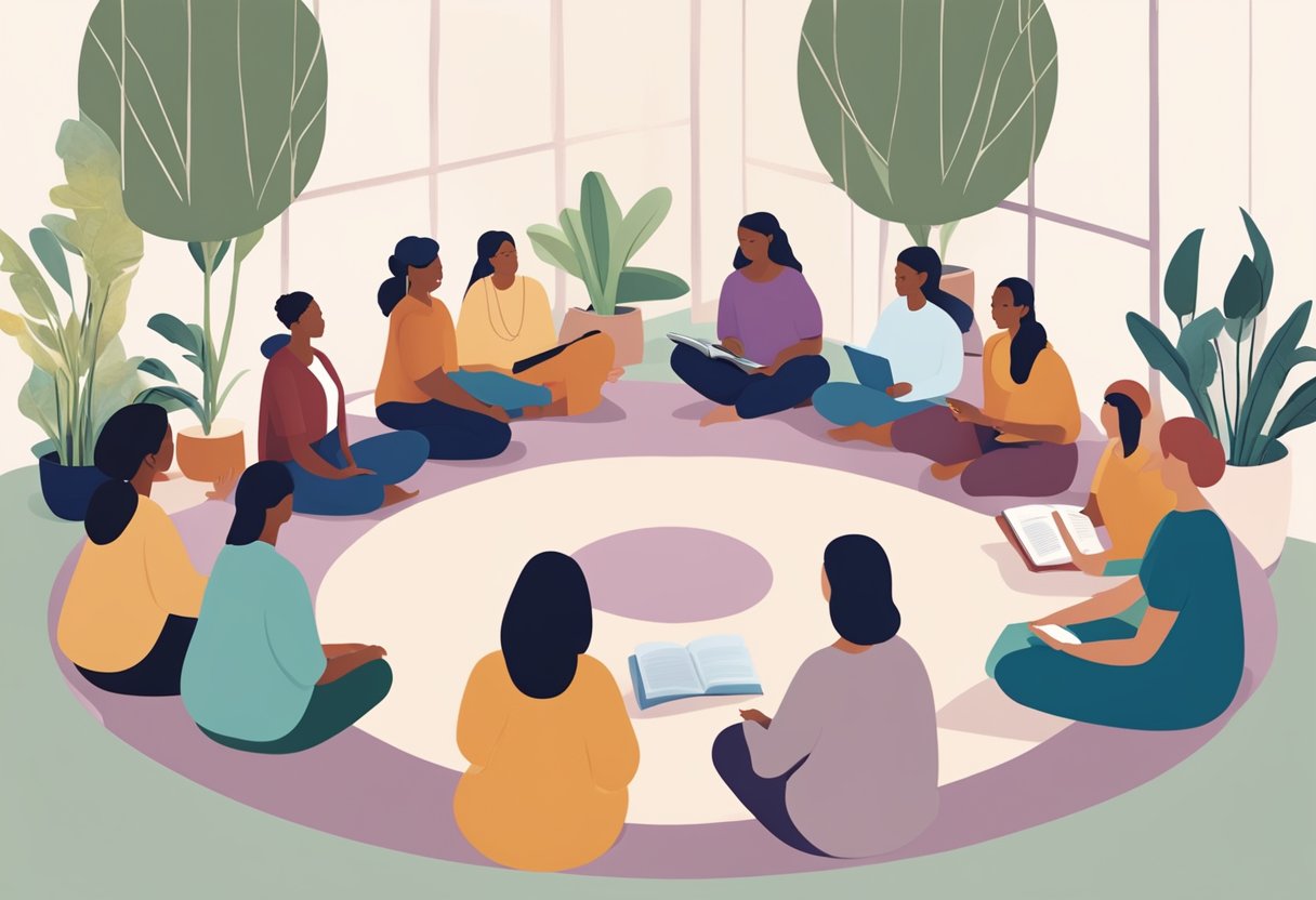 A serene setting with a circle of diverse women discussing doula training programs, surrounded by books and educational materials