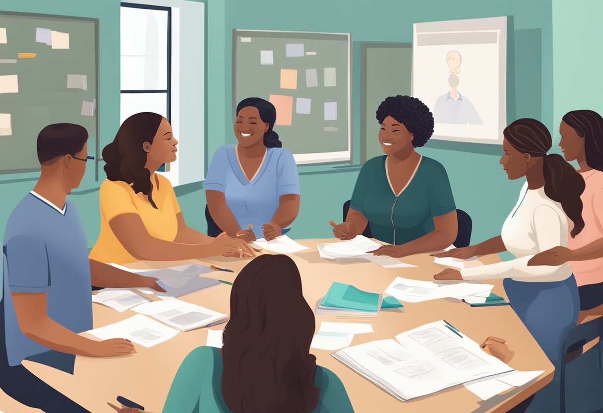 A group of individuals in a classroom setting, engaged in interactive discussions and hands-on activities related to doula training programs