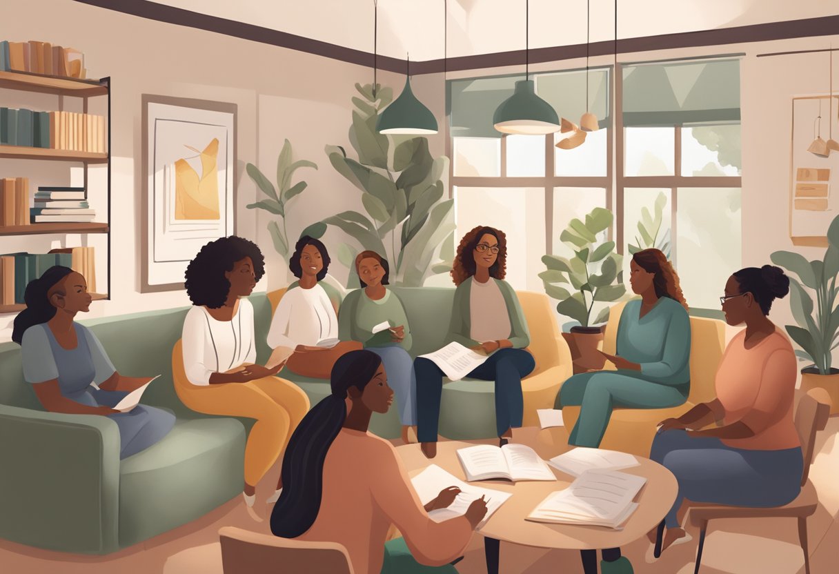 A doula confidently leading a group discussion in a cozy, well-lit office space filled with educational materials and resources