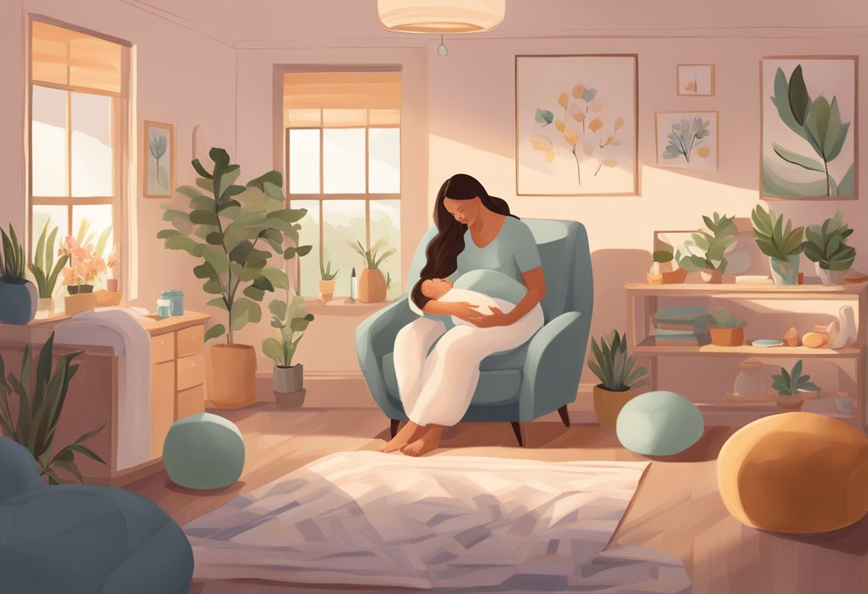 A serene birthing room with a doula supporting a laboring mother, surrounded by comforting and nurturing elements such as soft lighting, calming music, and essential oils