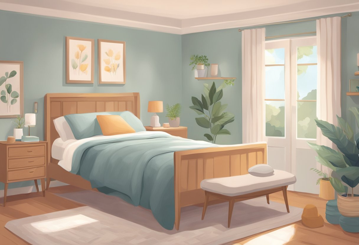 A serene room with soft lighting, a comfortable bed, and soothing decor. A doula offers support and guidance to a new mother, creating a peaceful and nurturing environment for postpartum care and recovery