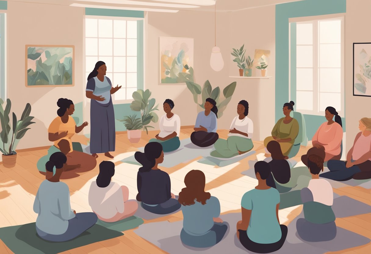 A doula certification class with instructors and students discussing and practicing various birthing techniques in a cozy, well-lit classroom