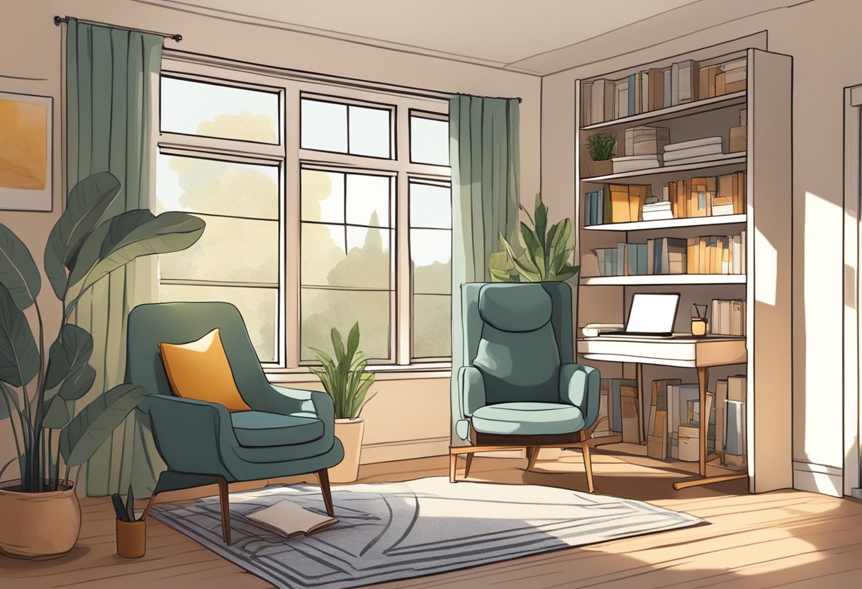 A serene, sunlit room with a cozy armchair, a bookshelf filled with doula resources, and a desk with a computer and paperwork for certification