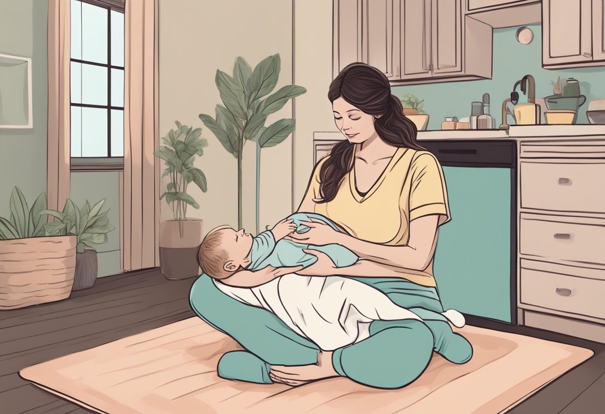 A postpartum doula providing essential support to a new mother, assisting with newborn care, household tasks, and emotional guidance