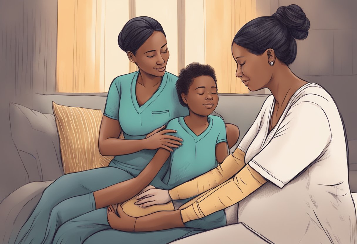 A doula supporting a laboring person with comforting touch and encouraging words