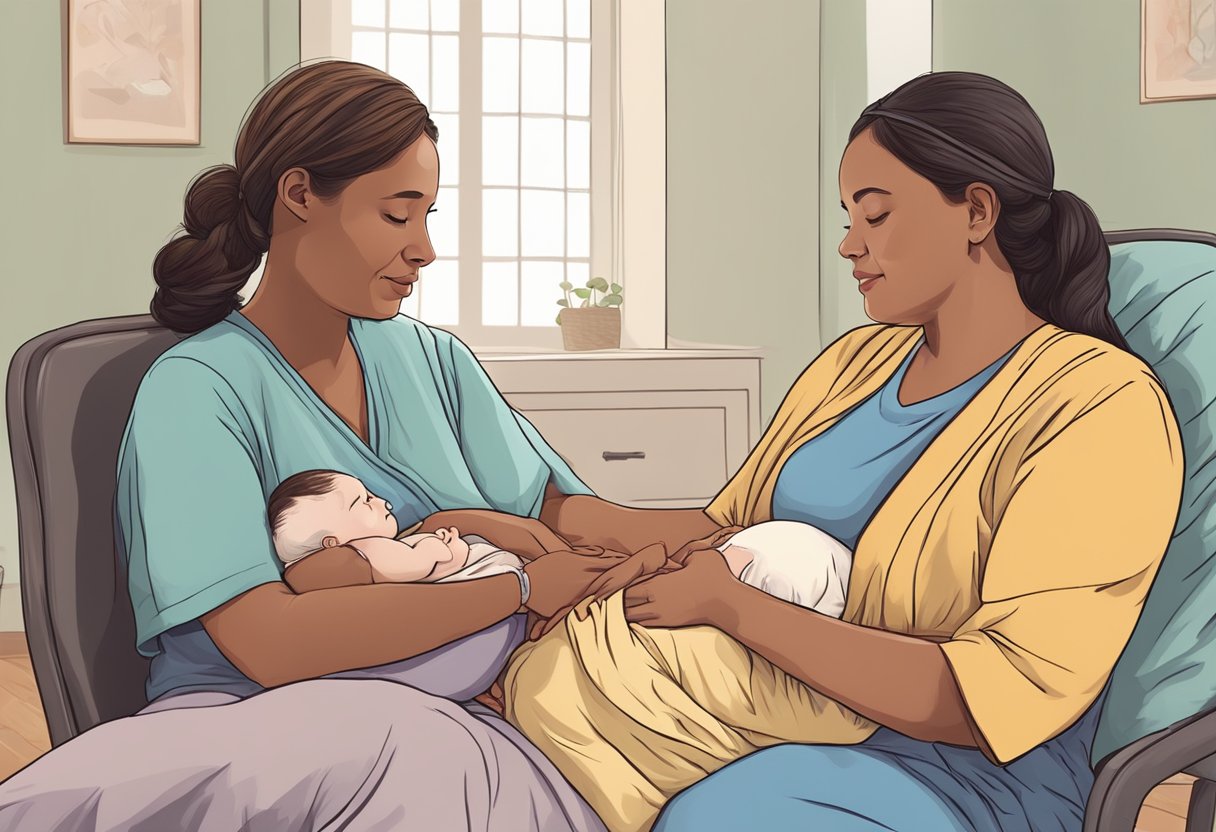 A doula sitting beside a laboring woman, offering support and comfort during childbirth