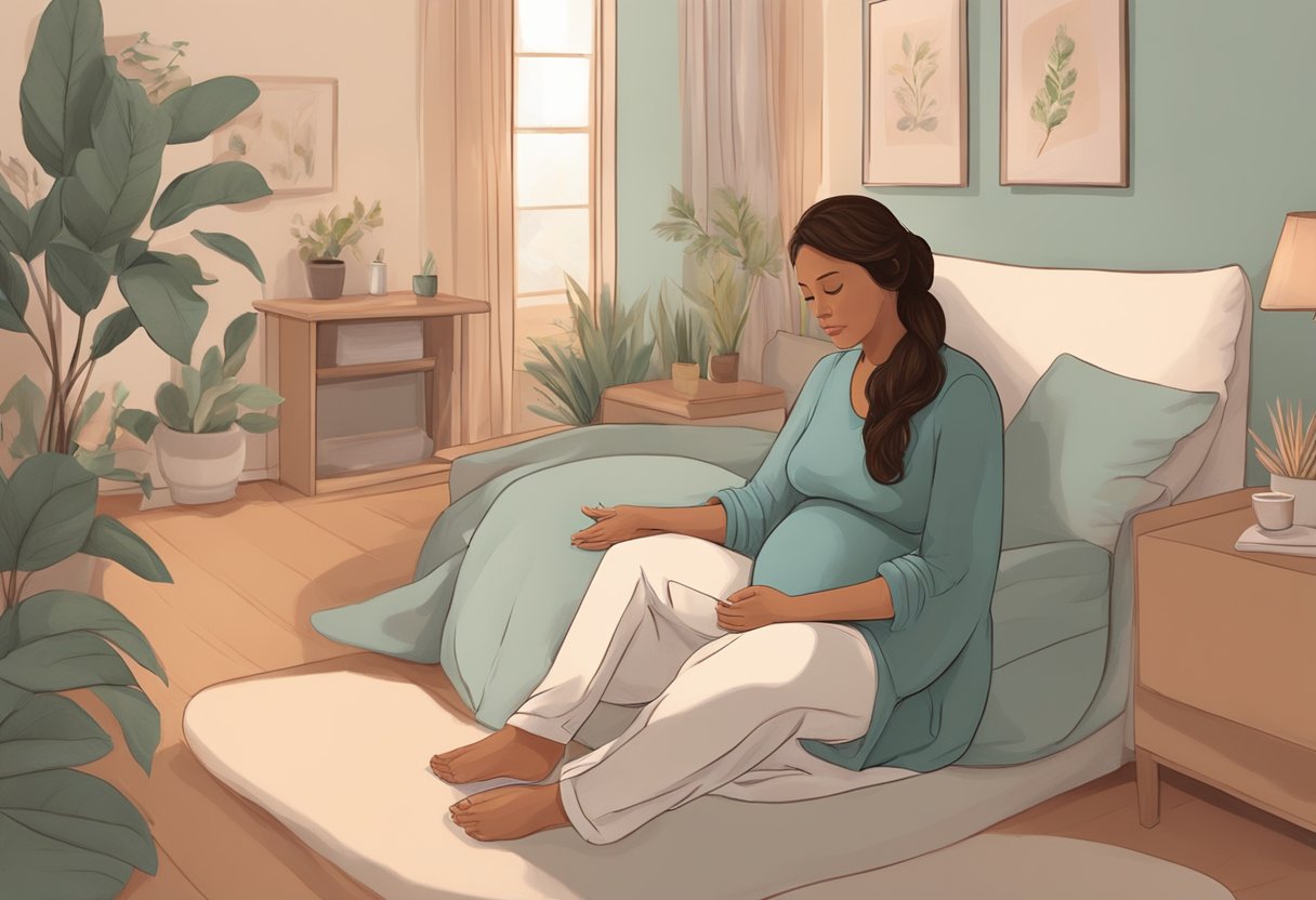 A doula sitting beside a pregnant woman, offering support and guidance during labor. A calming presence in a warm, cozy birthing room