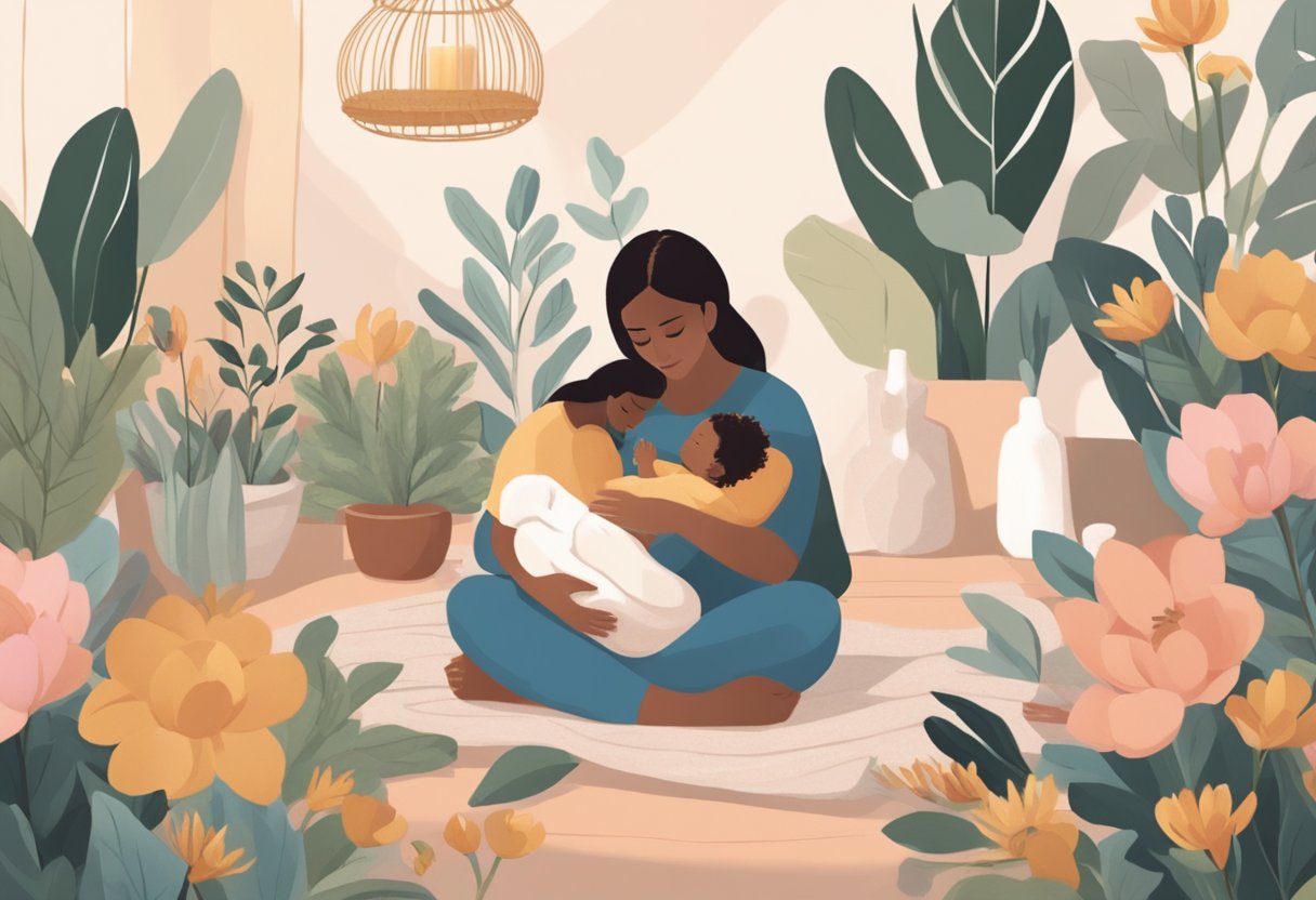 A doula providing emotional support and guidance to a new mother, surrounded by calming and nurturing elements such as flowers, candles, and soft lighting