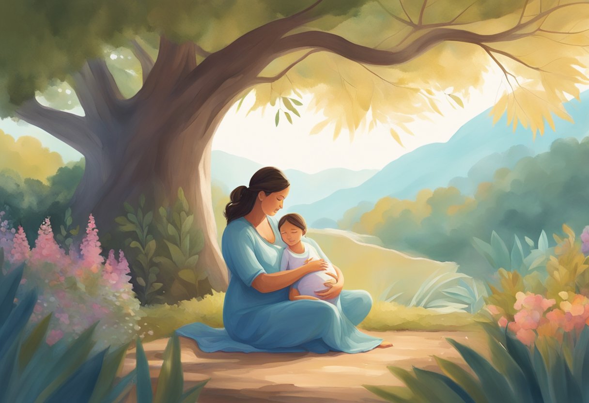 A serene setting with a doula comforting a pregnant woman, surrounded by calming colors and natural elements