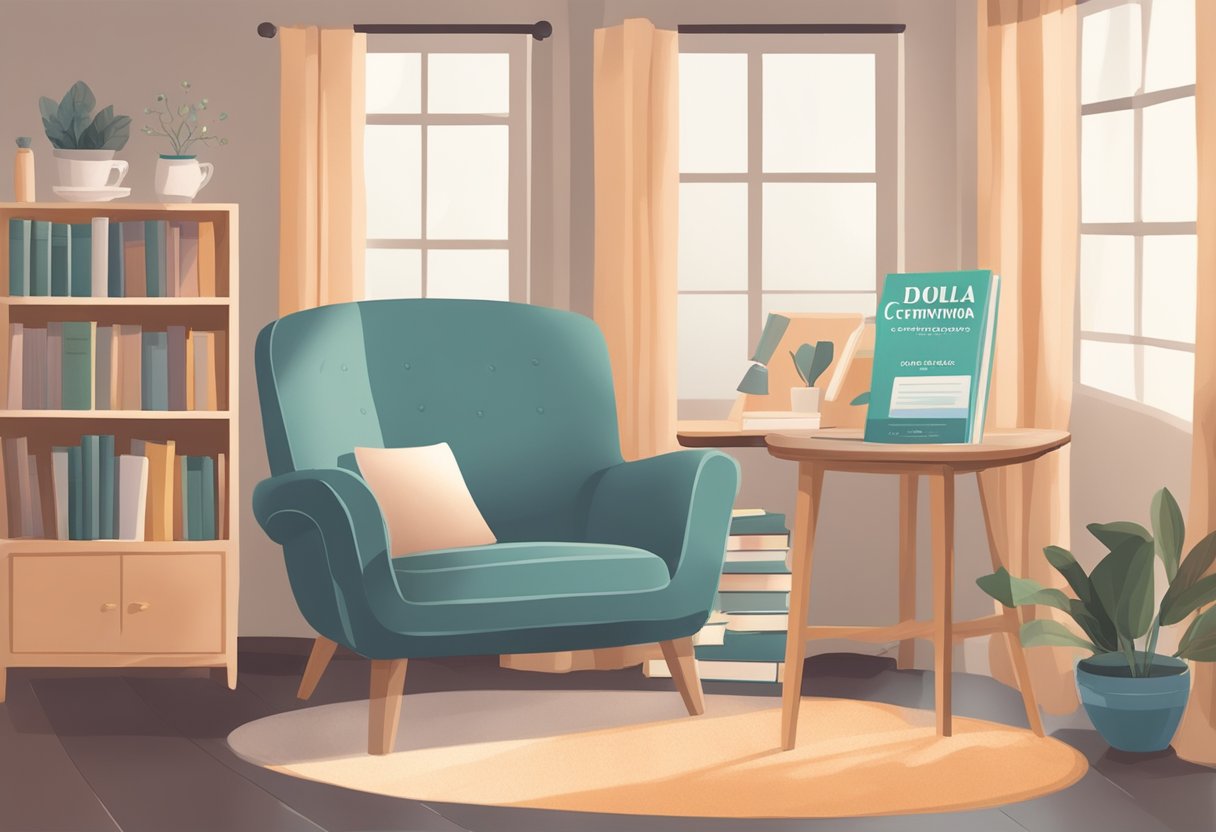 A table with various doula certification program materials, including books, pamphlets, and online resources, surrounded by a cozy reading nook with a comfortable chair and soft lighting