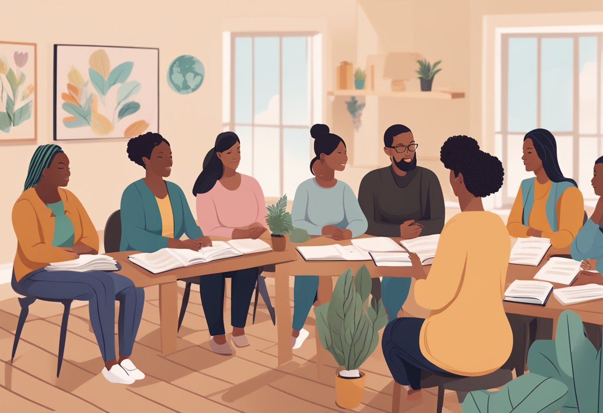 A group of diverse individuals studying and discussing doula skills and certification programs in a cozy classroom setting