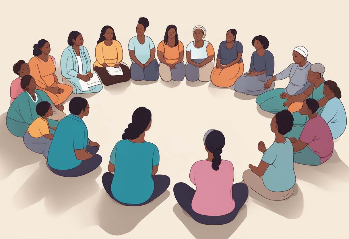 A group of diverse individuals sit in a circle, listening intently to a doula instructor. Charts and diagrams hang on the walls, illustrating the stages of labor and various birthing positions