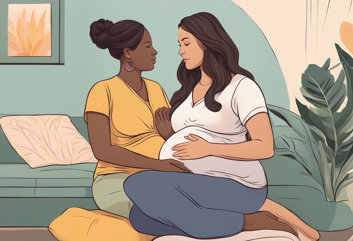 A serene doula sitting with a pregnant woman, offering support and guidance during labor