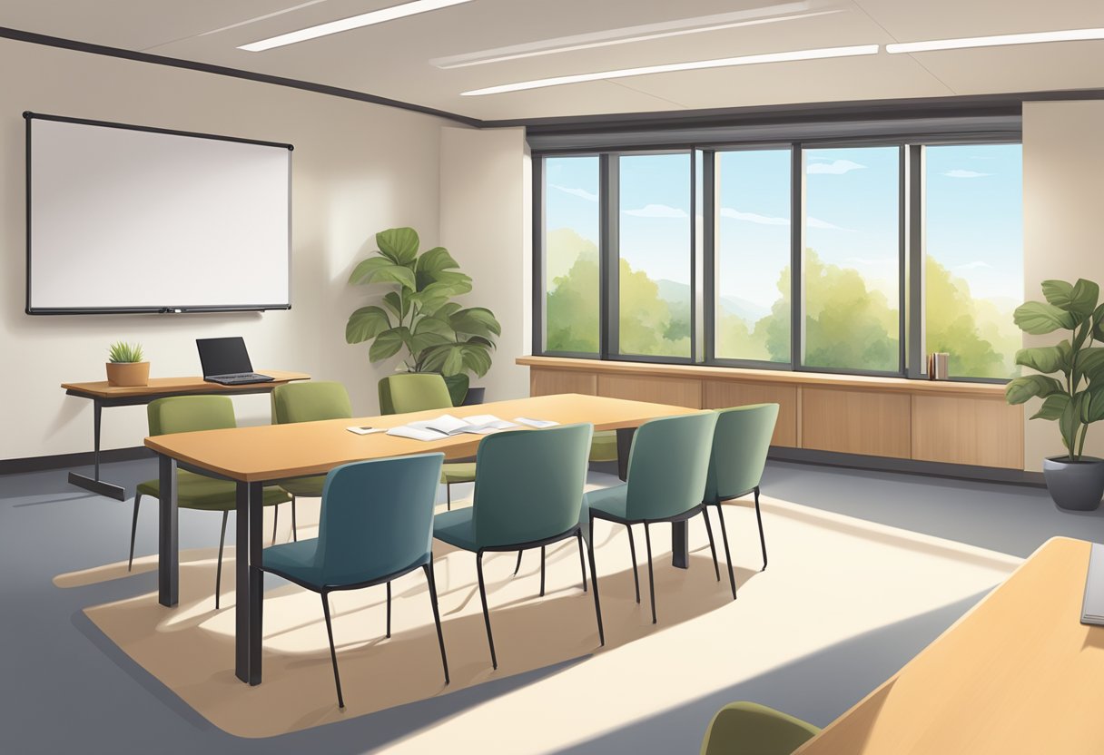 A serene, sunlit room with comfortable seating and a welcoming atmosphere. A table holds informational materials and a whiteboard displays key training topics