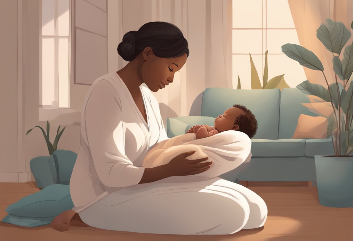 A doula sits beside a new mother, offering comfort and support as she holds her newborn baby. The doula listens attentively and provides gentle guidance