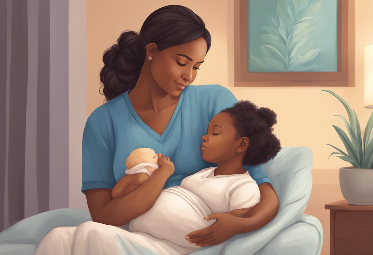 A doula provides emotional and physical support to a new mother during labor and delivery, creating a calming and nurturing environment