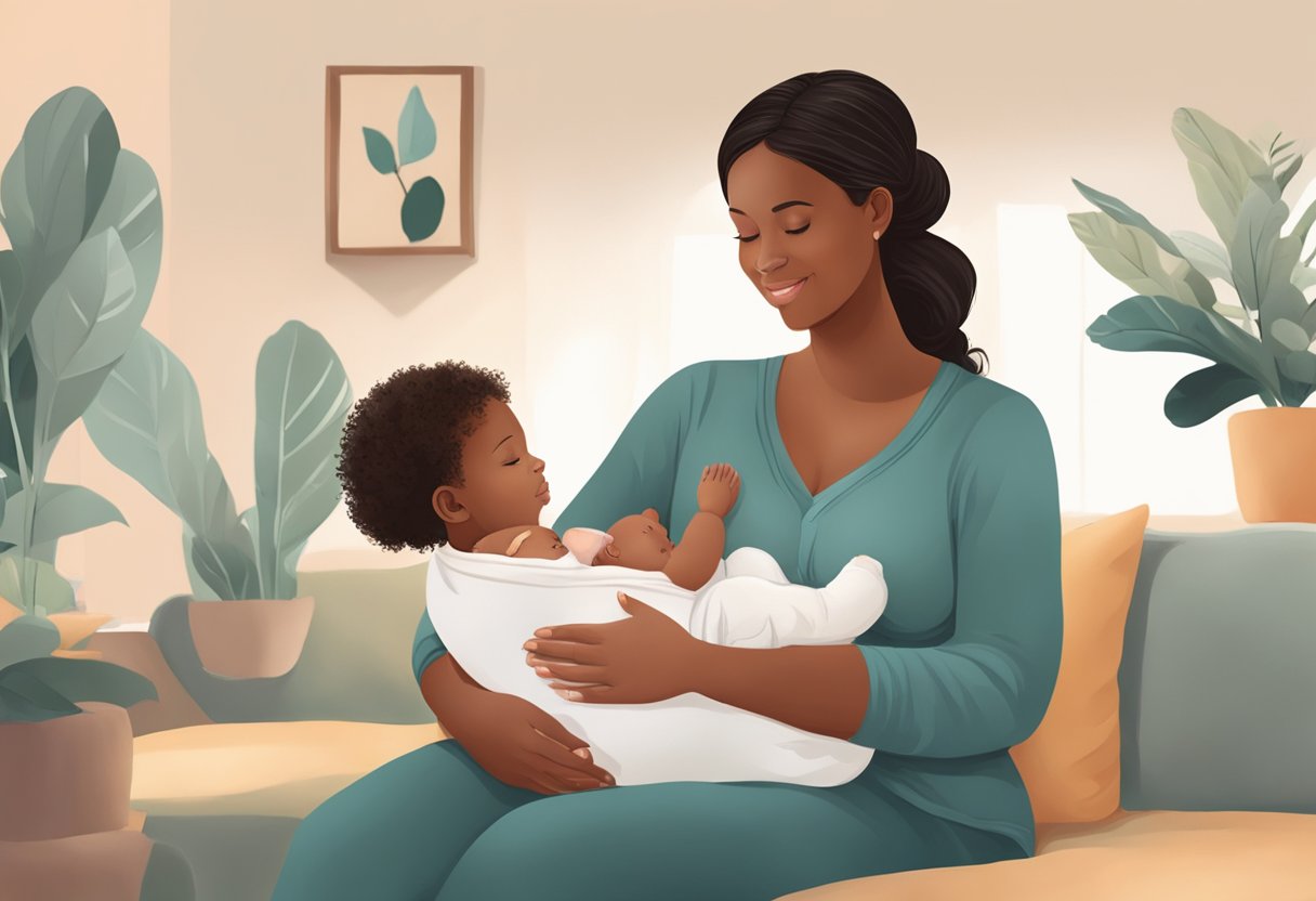 A doula sitting with a new mother, offering support and guidance while she breastfeeds her baby in a cozy, nurturing environment