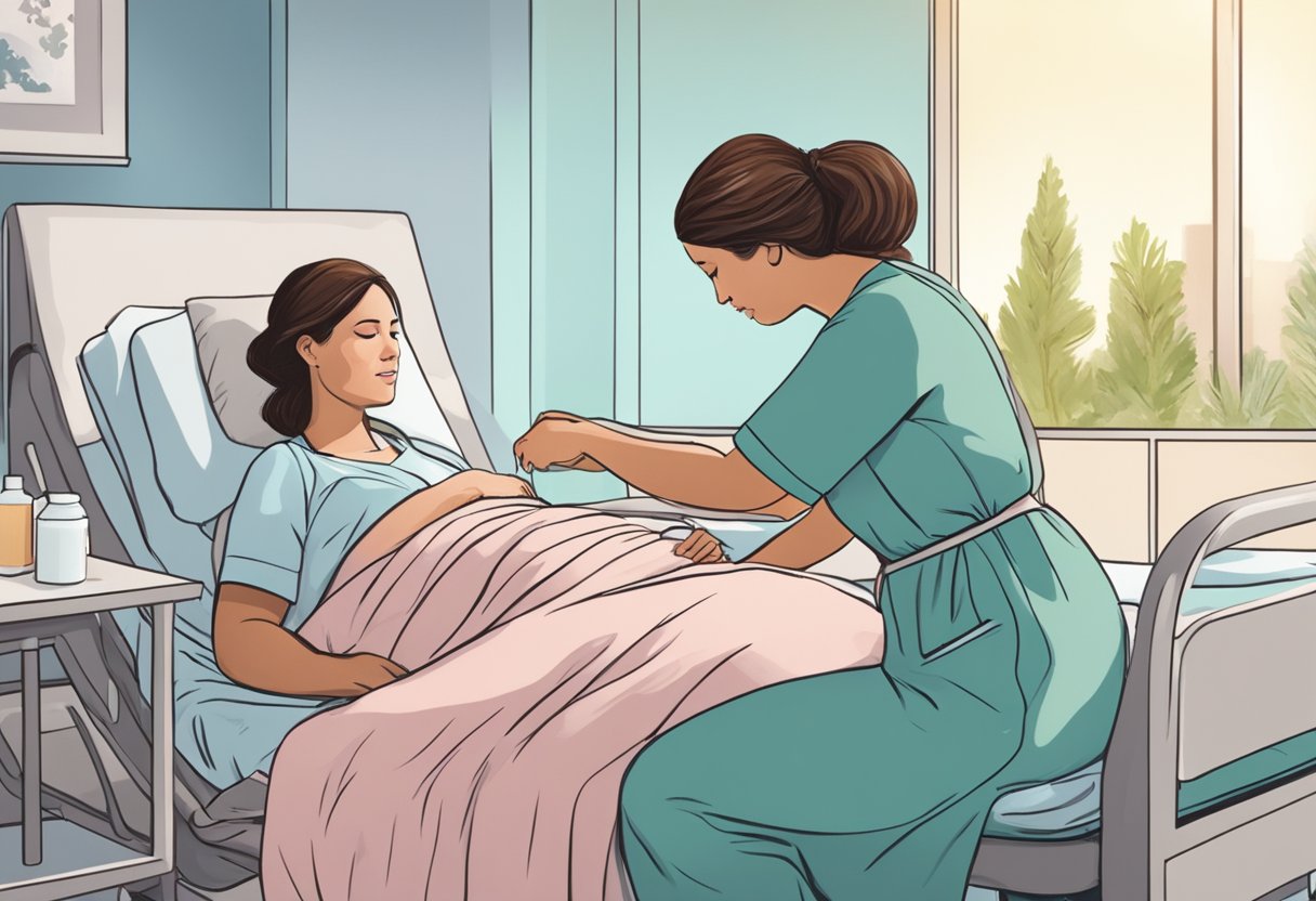 A doula comforting a laboring woman in a modern hospital room