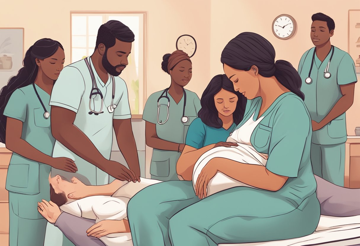 A doula comforting a pregnant woman during labor, surrounded by medical professionals and a supportive partner