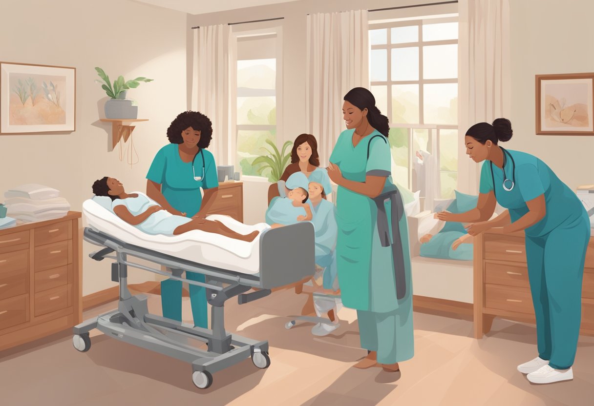 A serene birthing room with a doula providing support to a laboring mother, surrounded by medical professionals and family members