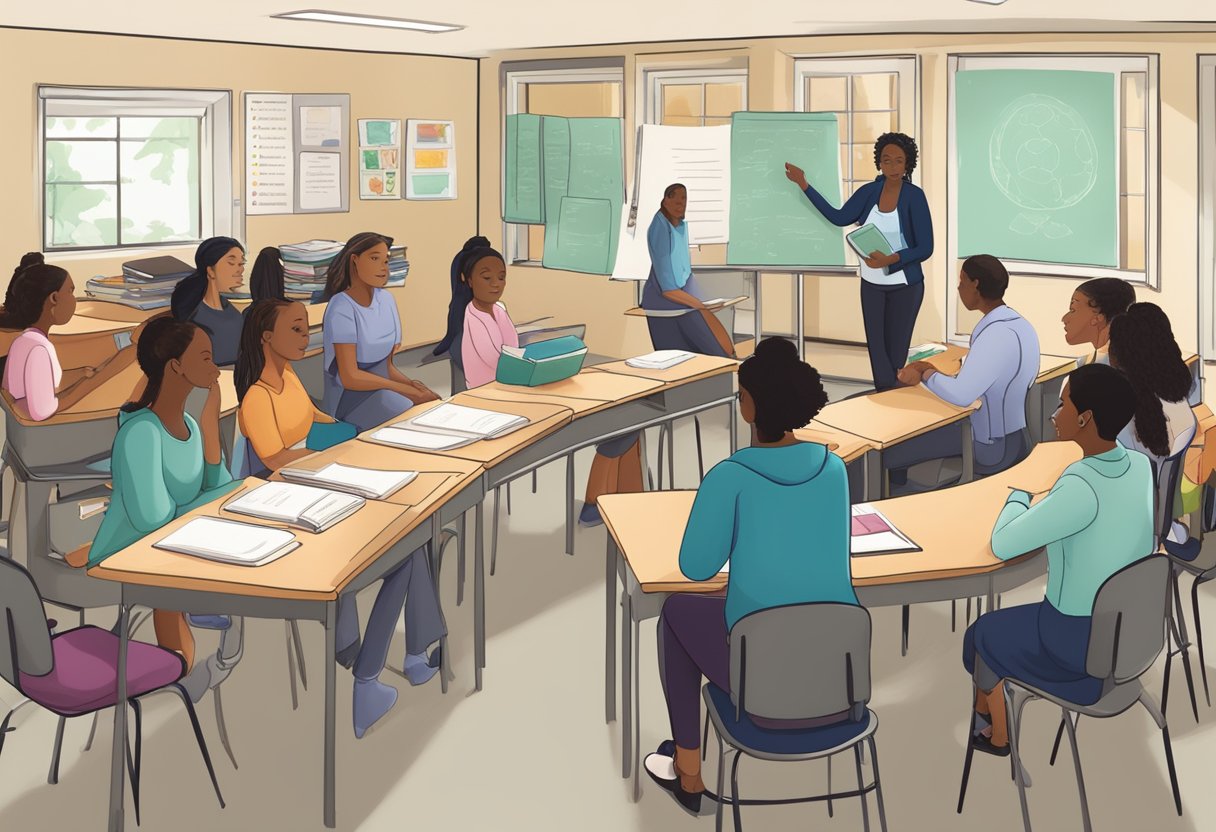 A classroom setting with a diverse group of students learning about doula practices and certification. Materials such as textbooks, notebooks, and visual aids are present