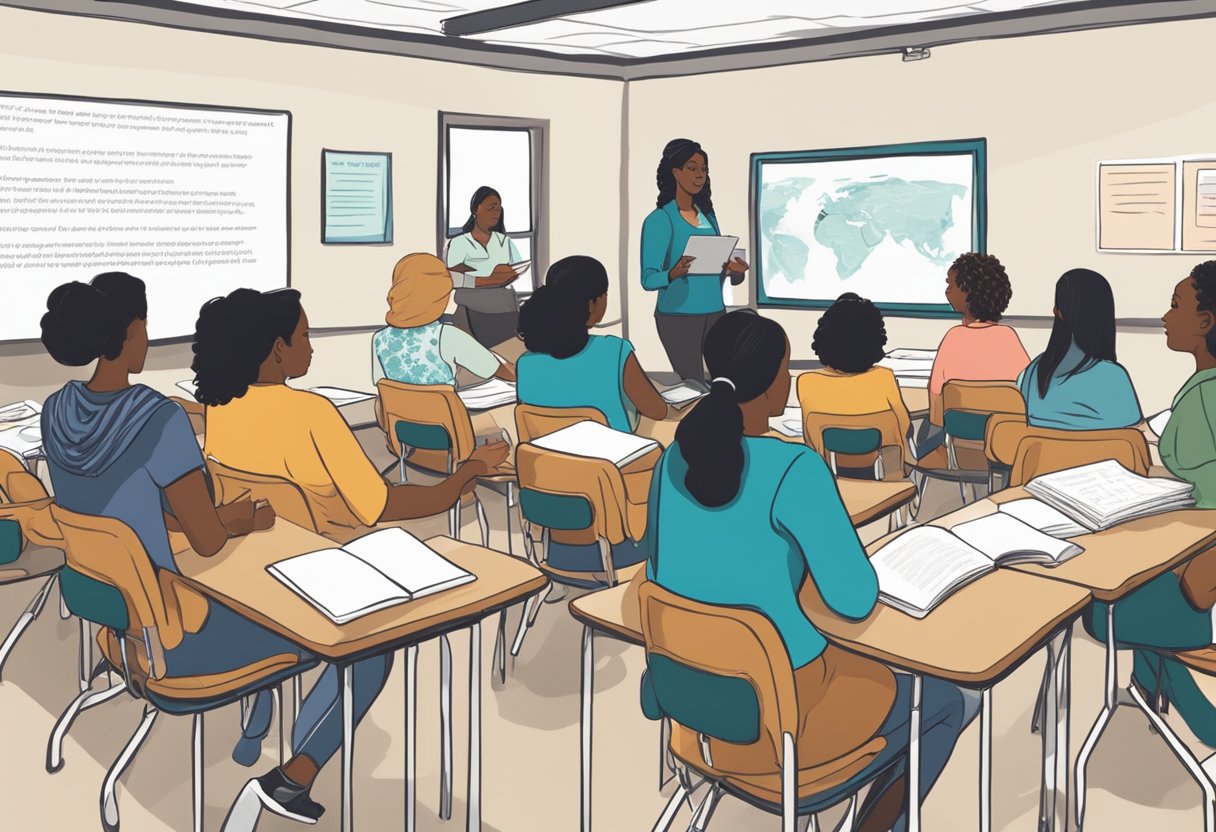 A classroom setting with a chalkboard displaying the title "Pathways to Becoming a Doula Doula Schooling: What You’ll Learn and How to Get Certified." Students are engaged in discussion and taking notes