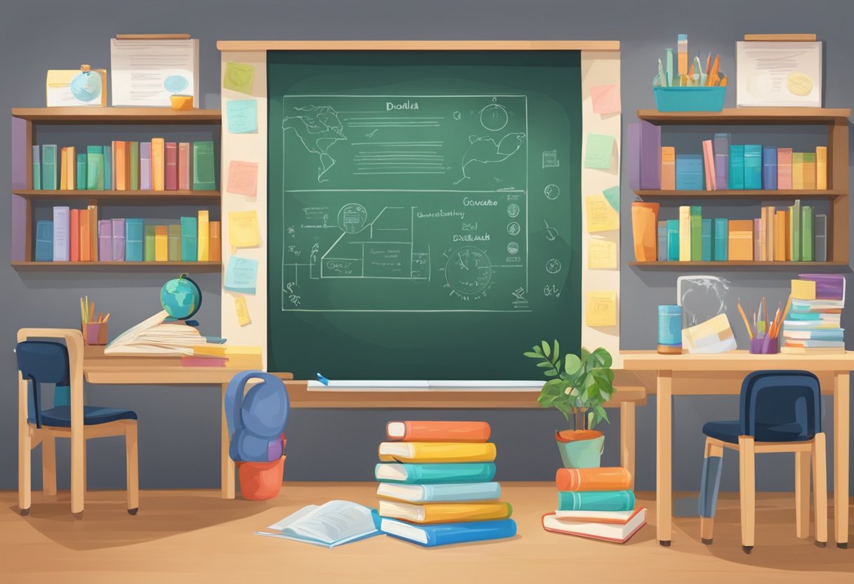 A classroom setting with a chalkboard and various educational materials, such as books, charts, and diagrams related to doula education and certification